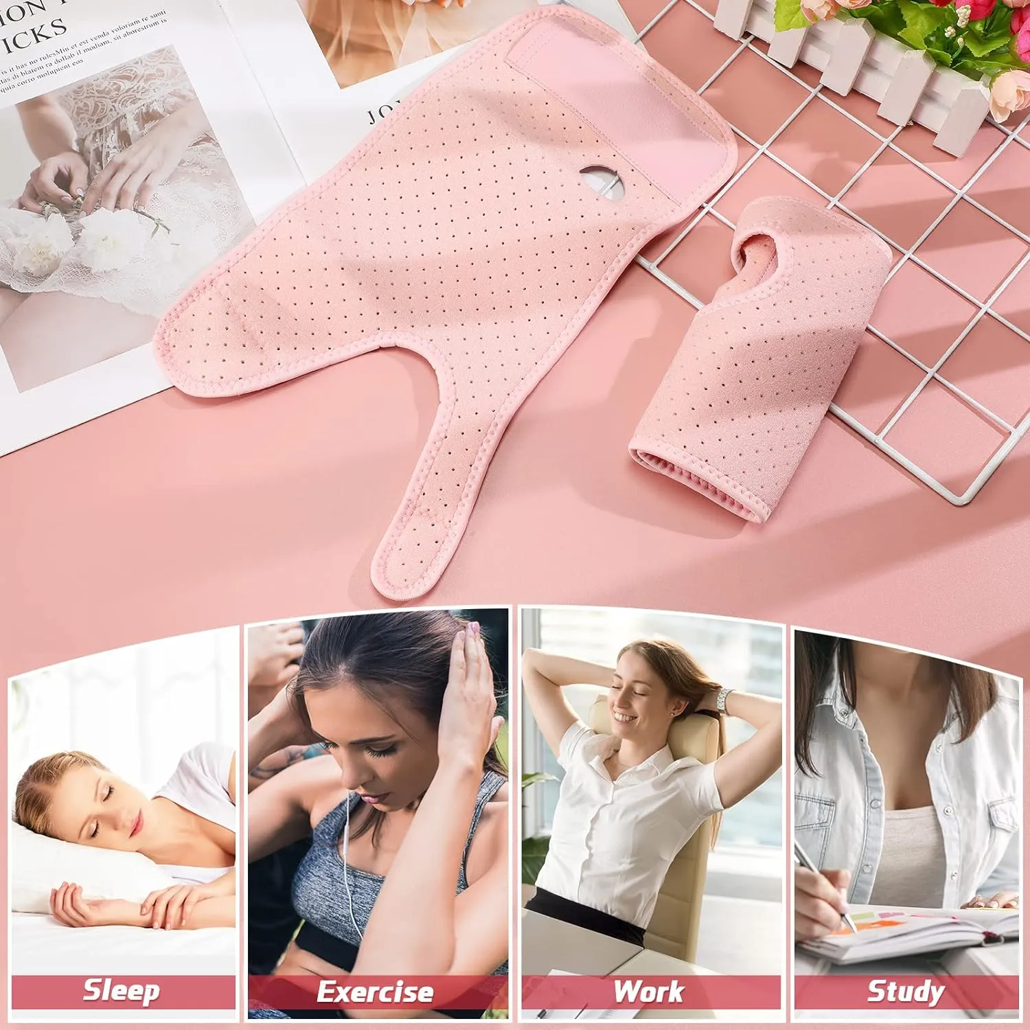 2 Pieces Carpal Tunnel Wrist Brace for Night Wrist Sleep Supports Splints Stabilizer and Hand Brace Cushioned to Help with Carpal Tunnel Pain Relief Universal Adjustable Fit(Breathable Style,Pink)