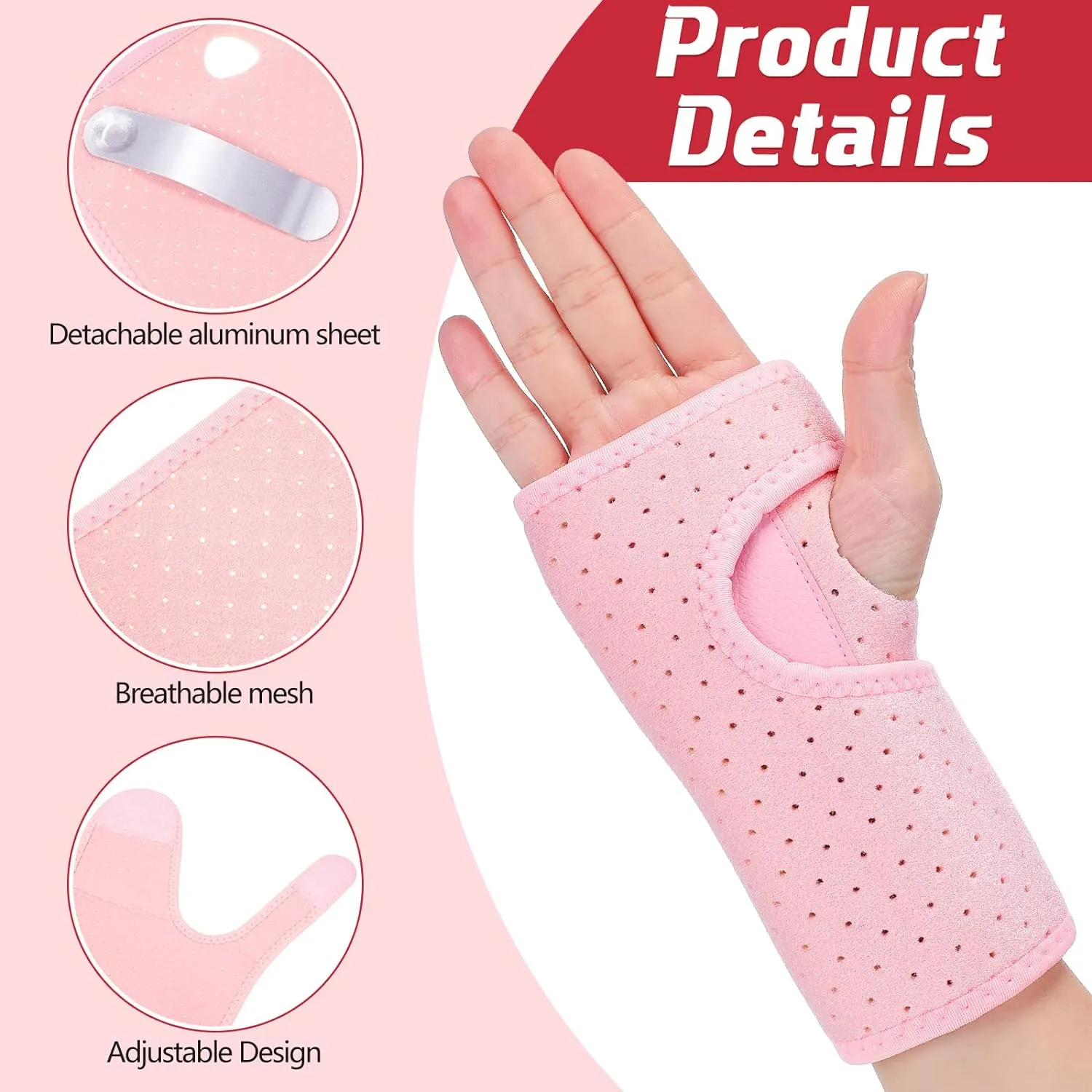 2 Pieces Carpal Tunnel Wrist Brace for Night Wrist Sleep Supports Splints Stabilizer and Hand Brace Cushioned to Help with Carpal Tunnel Pain Relief Universal Adjustable Fit(Breathable Style,Pink)