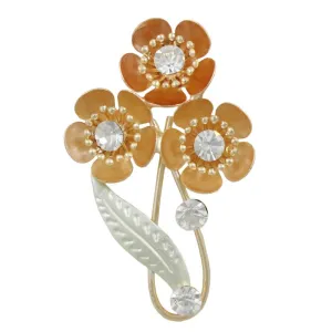 3 Orange Enamel and Crystal Flowers Brooch Pin - PRL574