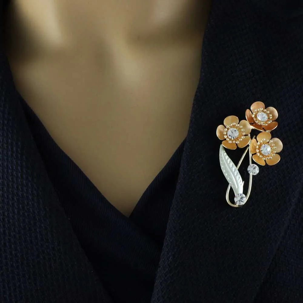 3 Orange Enamel and Crystal Flowers Brooch Pin - PRL574