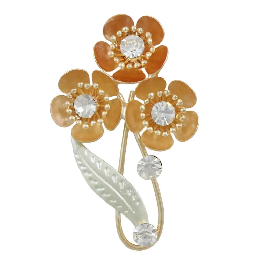 3 Orange Enamel and Crystal Flowers Brooch Pin - PRL574