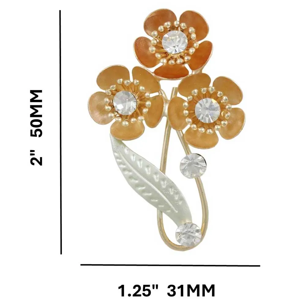 3 Orange Enamel and Crystal Flowers Brooch Pin - PRL574