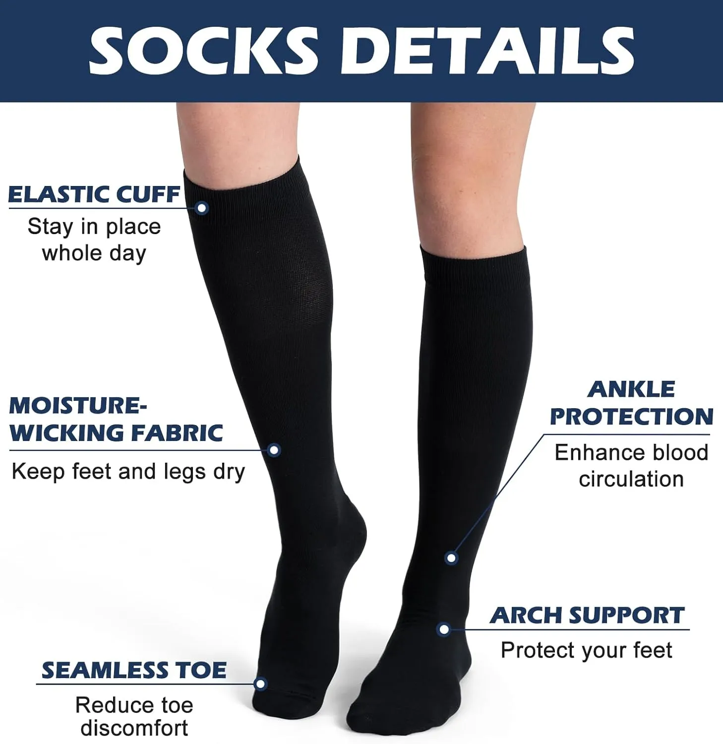 (3 pairs) Compression Socks 20-30 mmHg Long Knee High Socks for Women Men Support Athletic Travel Daily Wear