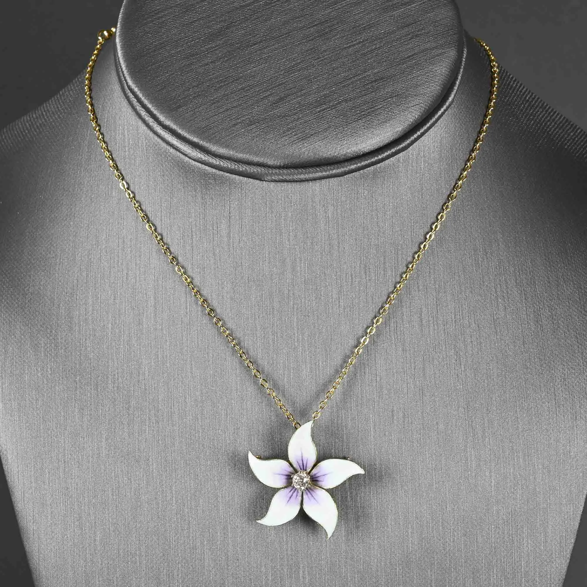 Antique Enamel Flower Diamond Art Nouveau Pendant Brooch