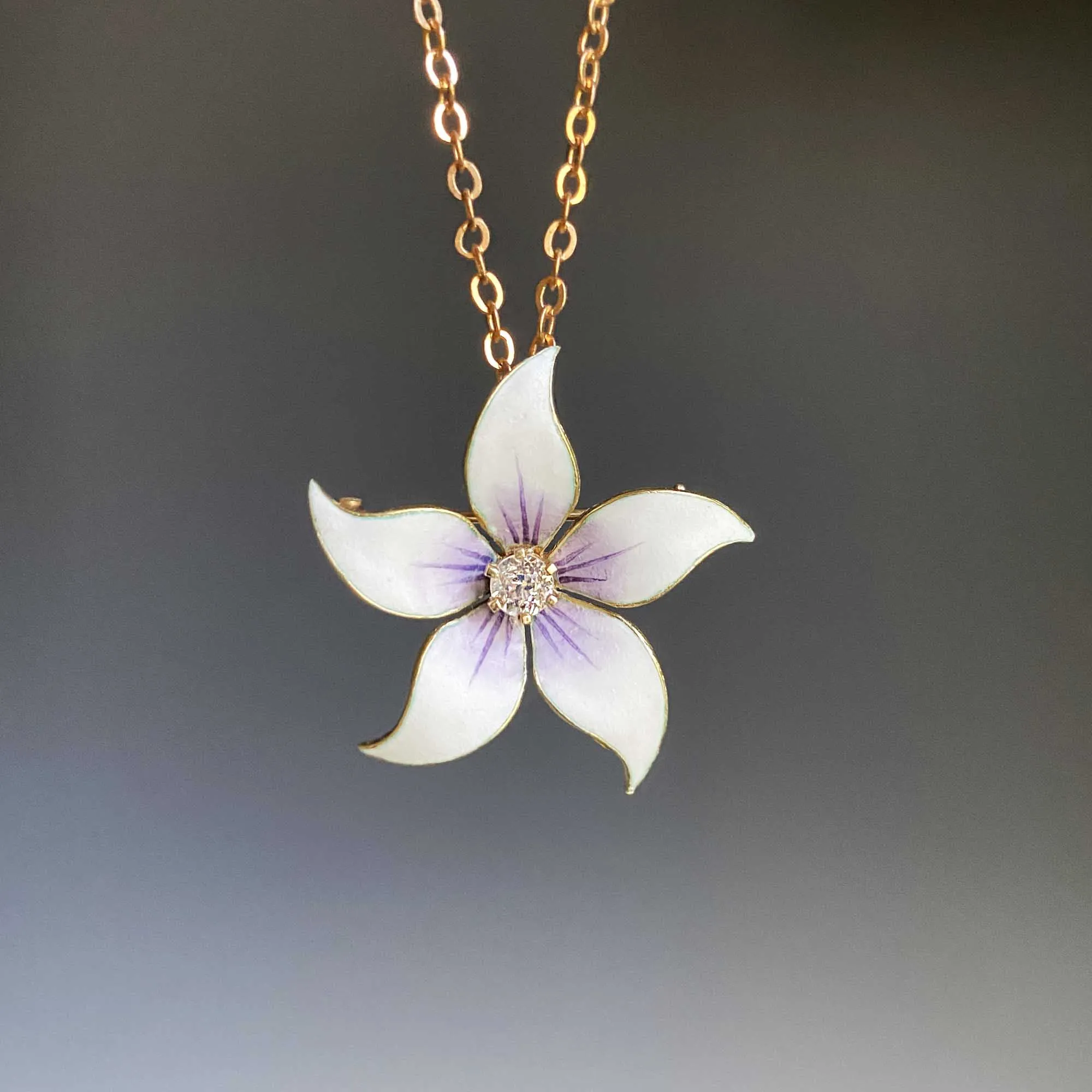 Antique Enamel Flower Diamond Art Nouveau Pendant Brooch