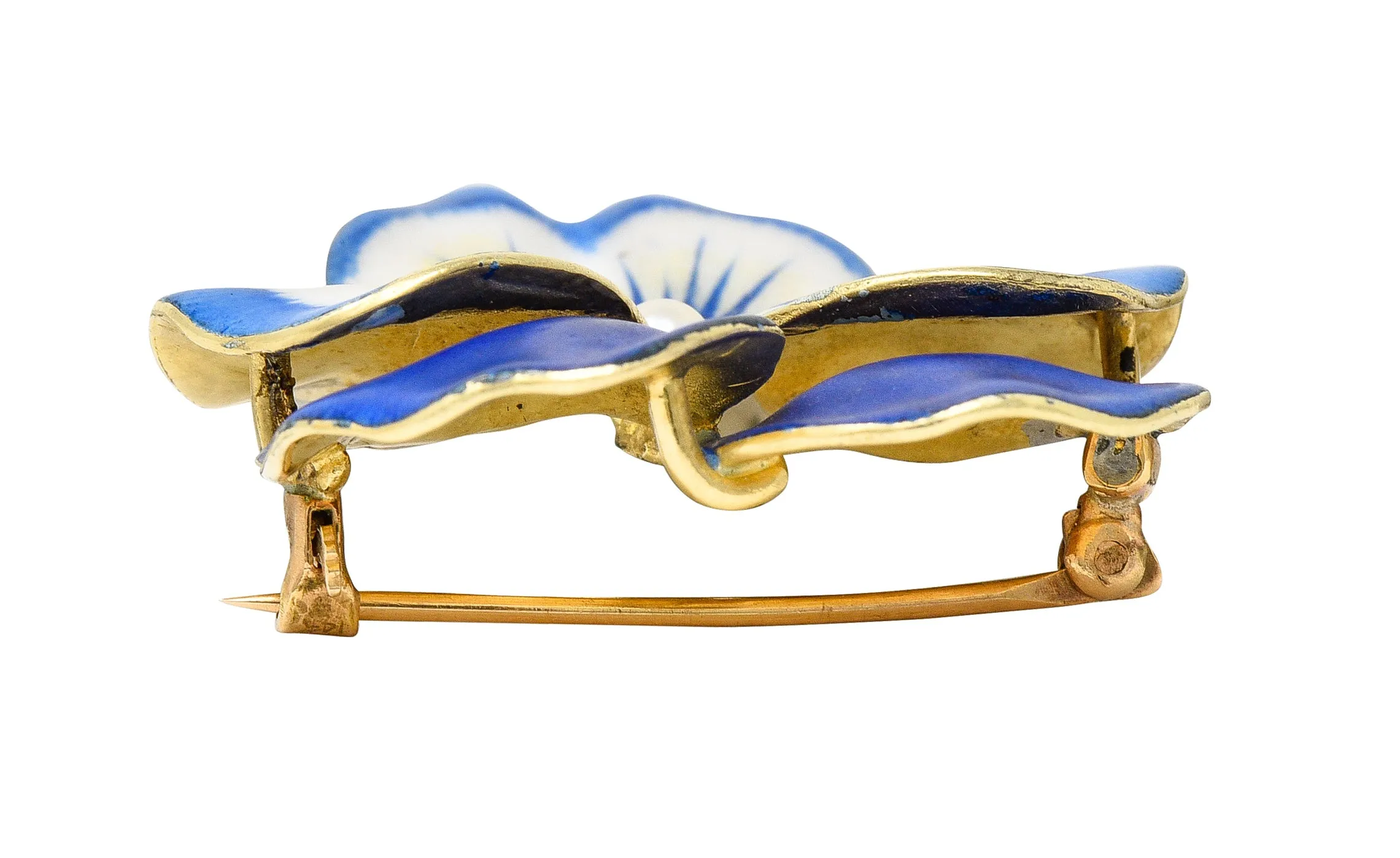 Art Nouveau Pearl Enamel 14 Karat Yellow Gold Blue Pansy Antique Brooch