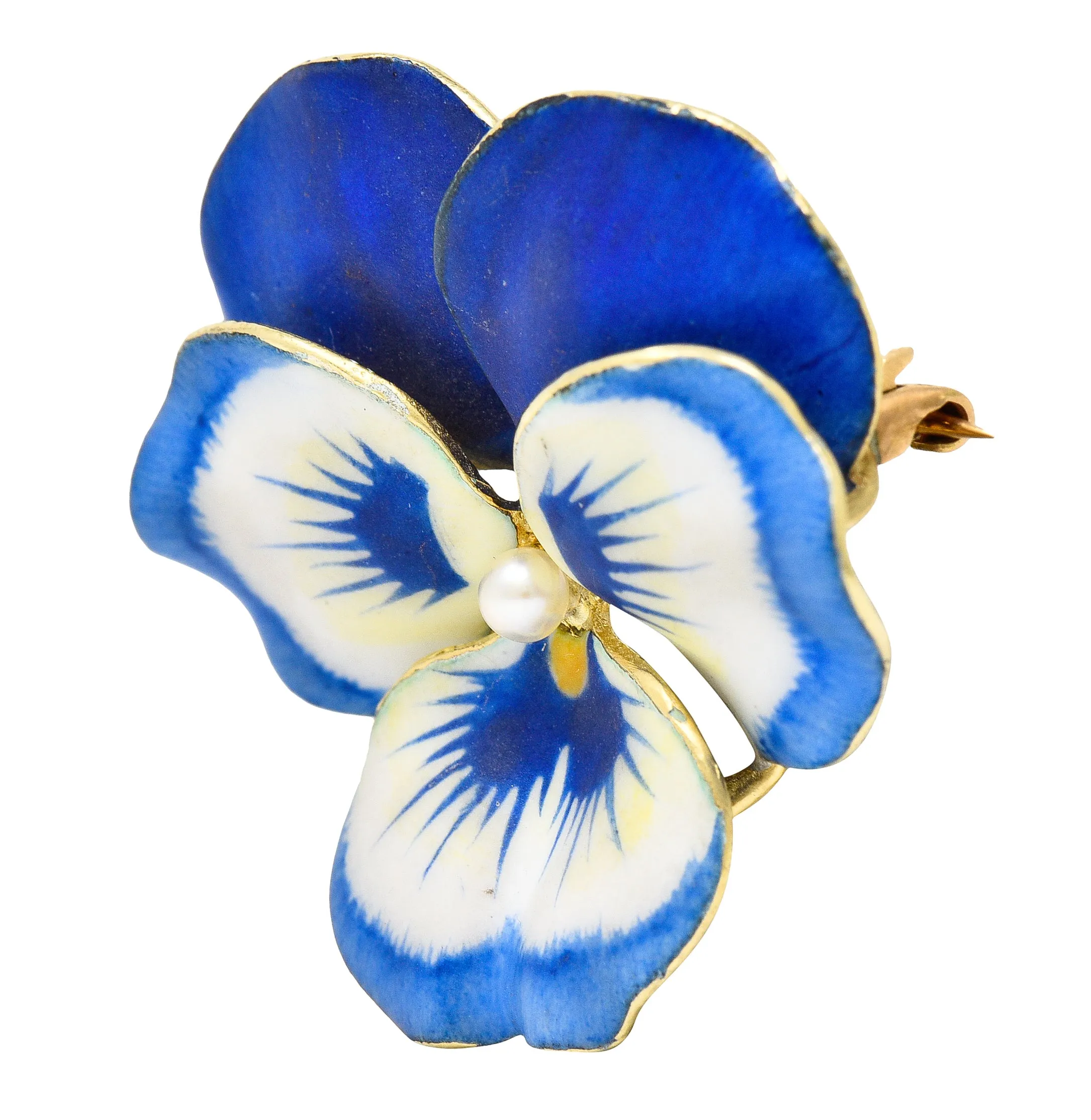 Art Nouveau Pearl Enamel 14 Karat Yellow Gold Blue Pansy Antique Brooch