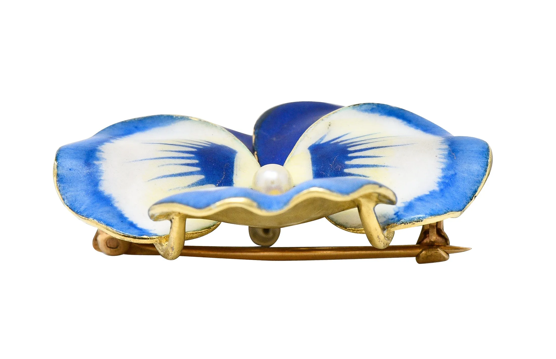 Art Nouveau Pearl Enamel 14 Karat Yellow Gold Blue Pansy Antique Brooch