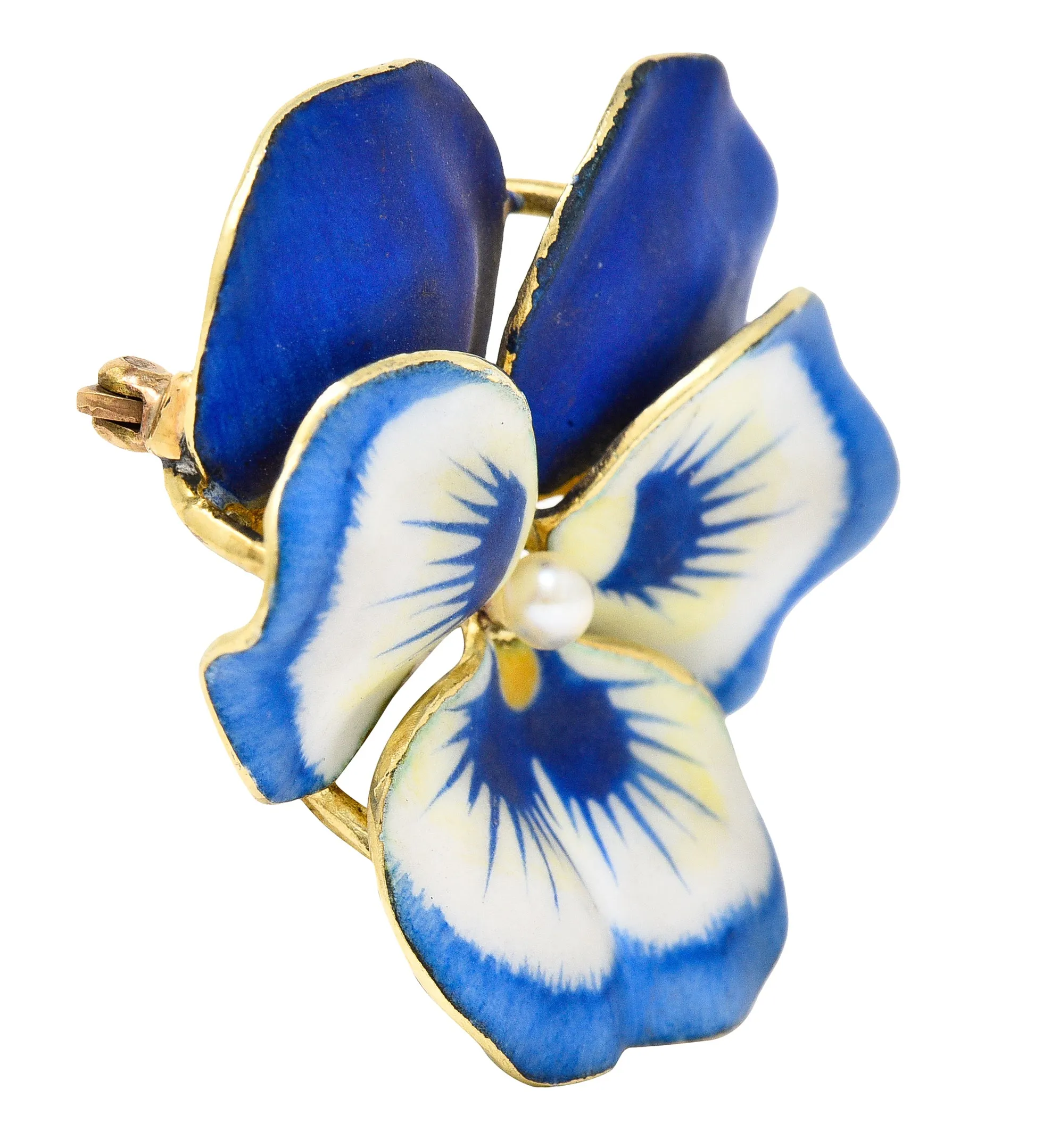 Art Nouveau Pearl Enamel 14 Karat Yellow Gold Blue Pansy Antique Brooch