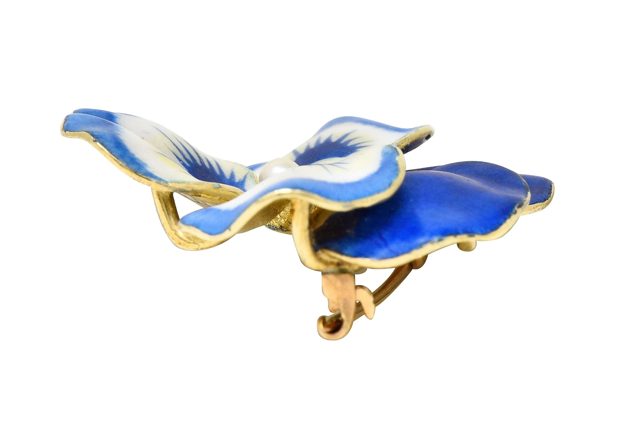 Art Nouveau Pearl Enamel 14 Karat Yellow Gold Blue Pansy Antique Brooch