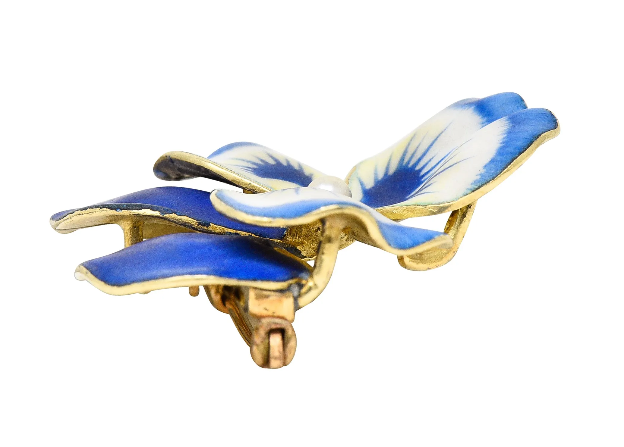 Art Nouveau Pearl Enamel 14 Karat Yellow Gold Blue Pansy Antique Brooch