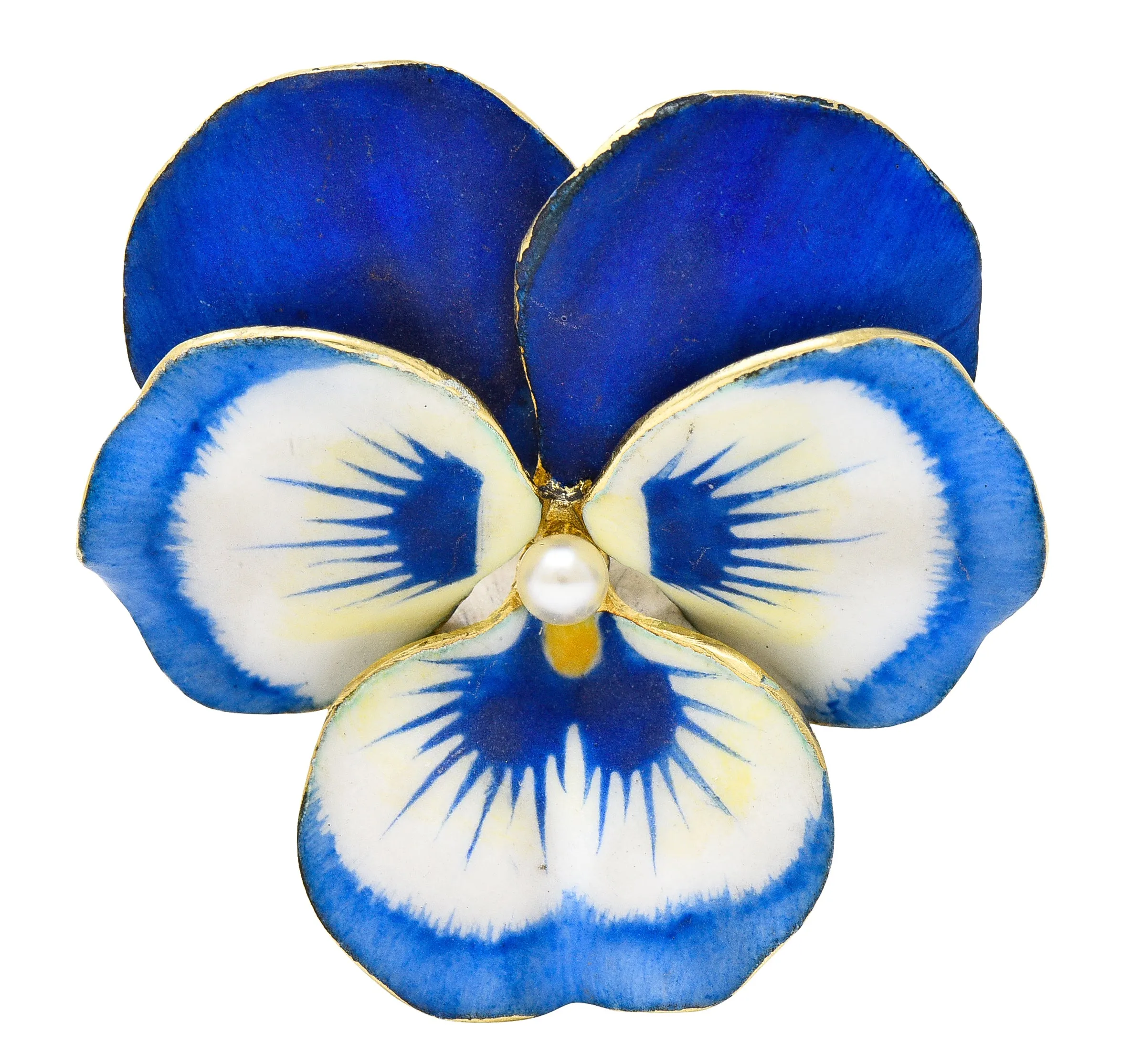 Art Nouveau Pearl Enamel 14 Karat Yellow Gold Blue Pansy Antique Brooch