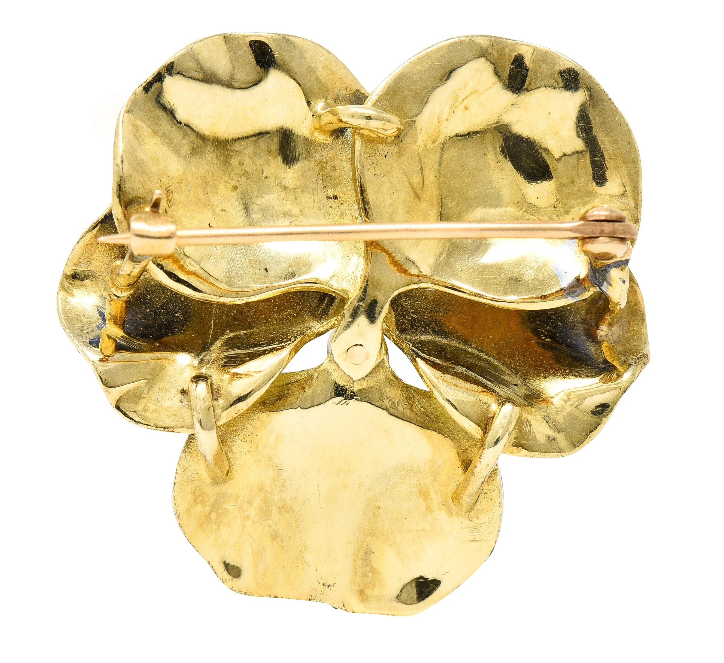 Art Nouveau Pearl Enamel 14 Karat Yellow Gold Blue Pansy Antique Brooch