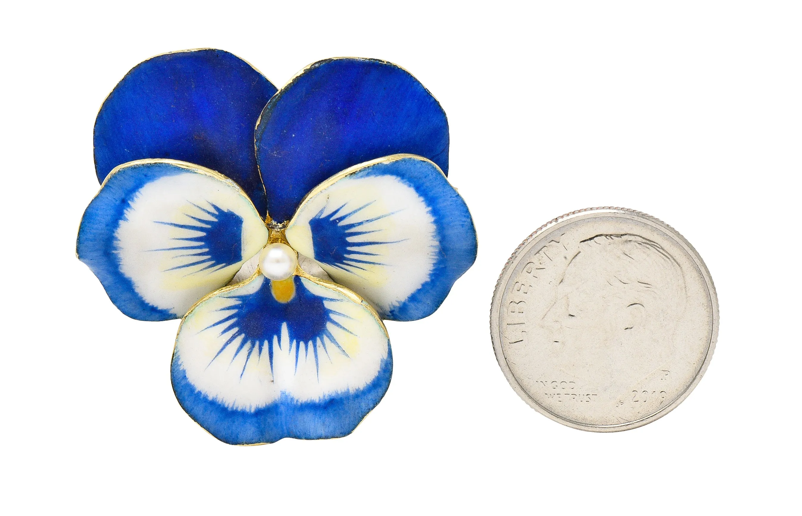 Art Nouveau Pearl Enamel 14 Karat Yellow Gold Blue Pansy Antique Brooch