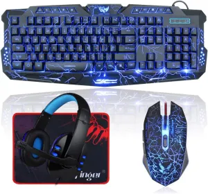 BlueFinger Backlit Gaming Keyboard, Mouse and LED Headset Combo - USB Wired 3 Color Crack Backlit, Blue LED Light Headset - Set for Work and Game