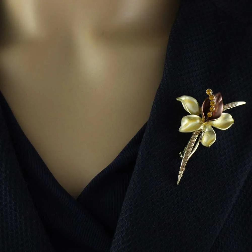 Brown and Gold Crystal Long Stem Flower Brooch Pin - PRL067