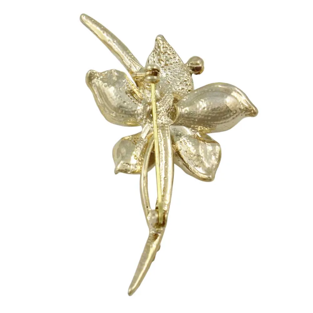 Brown and Gold Crystal Long Stem Flower Brooch Pin - PRL067
