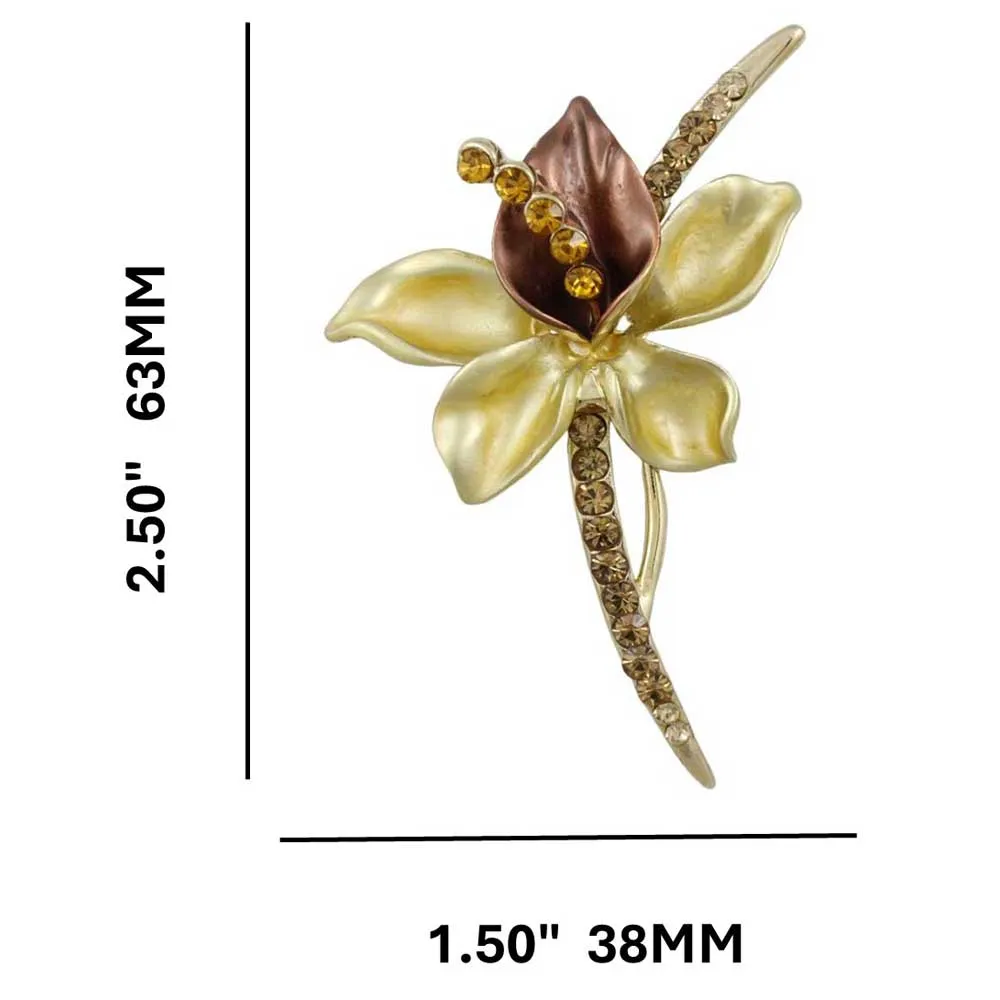 Brown and Gold Crystal Long Stem Flower Brooch Pin - PRL067