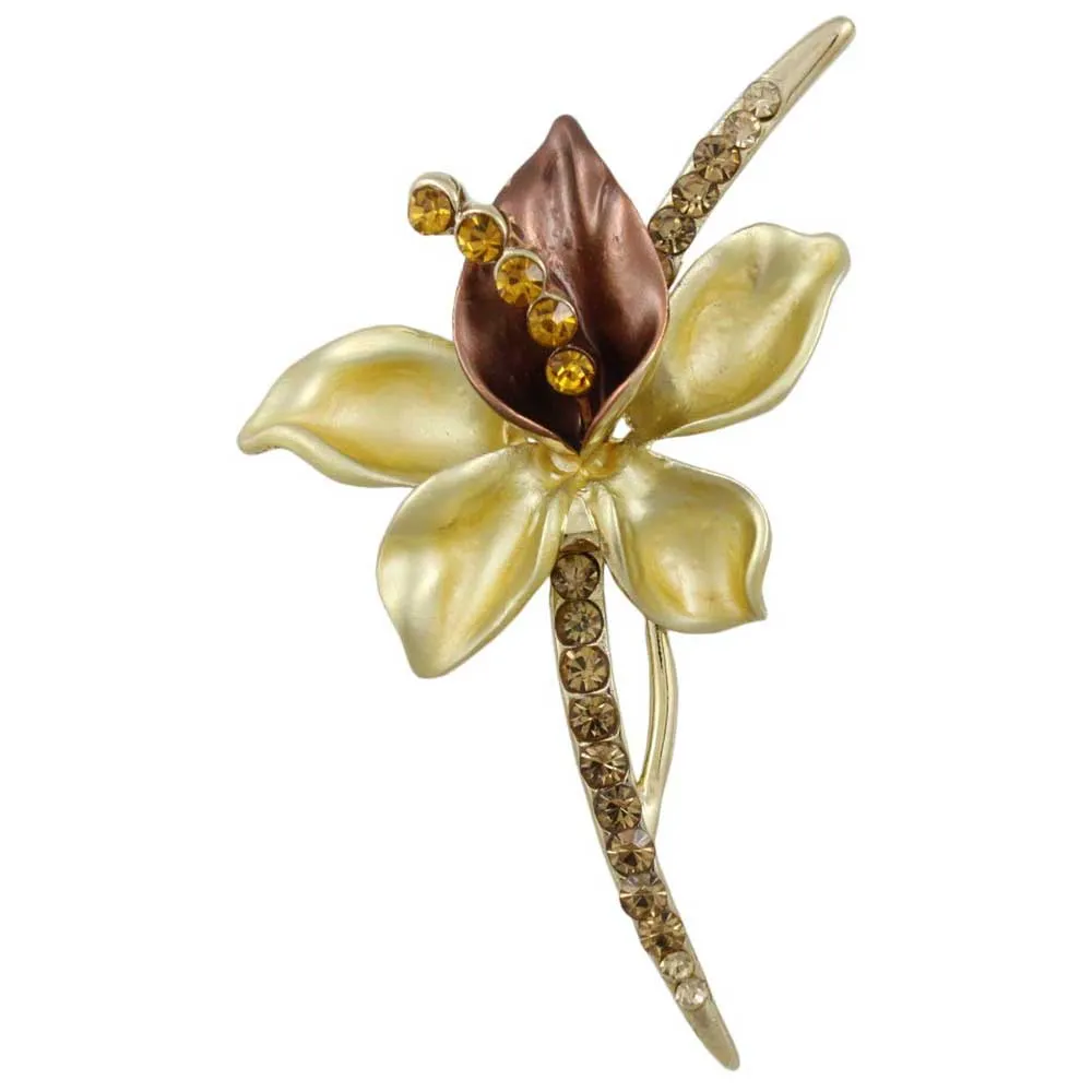 Brown and Gold Crystal Long Stem Flower Brooch Pin - PRL067