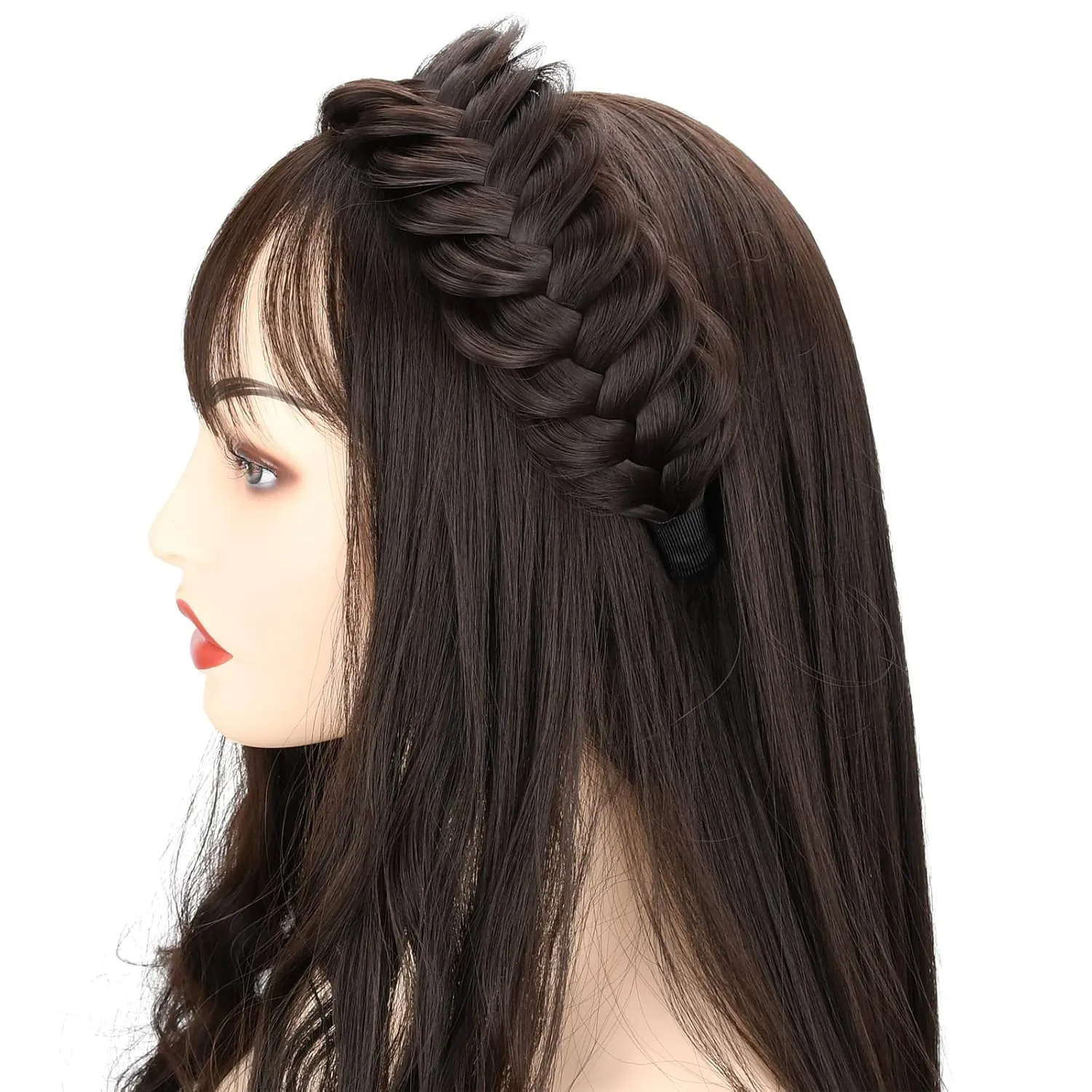 DIGUAN Wide Messy Braided Headband With Teeth Synthetic Hair Plaited Headband High Elasticity Braids Chunky Fishtail Braided Hair Band Hairpiece for Girls Women (Brunette Brown)
