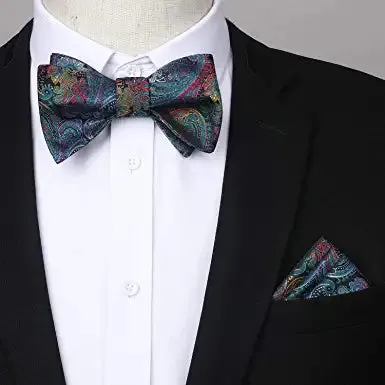 Floral Paisley Suspender Bow Tie Handkerchief - 2-BLUE/GREEN/GOLD