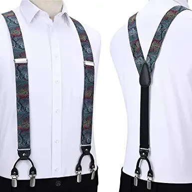 Floral Paisley Suspender Bow Tie Handkerchief - 2-BLUE/GREEN/GOLD