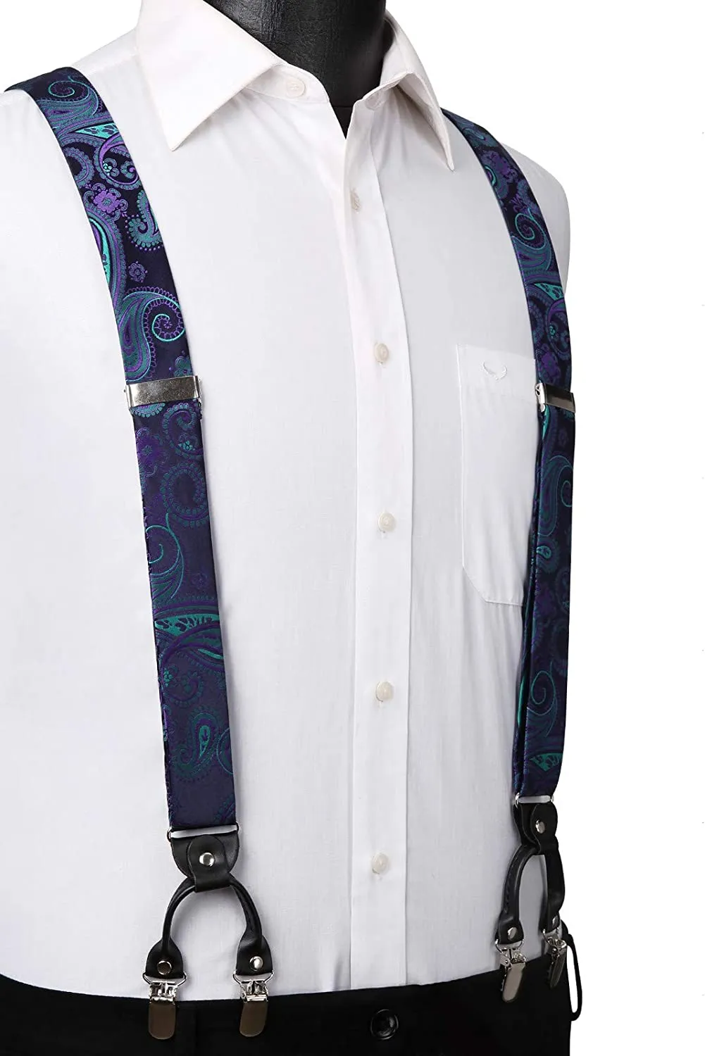 Floral Paisley Suspender Bow Tie Handkerchief - 9-BLUE/PURPLE/GREEN