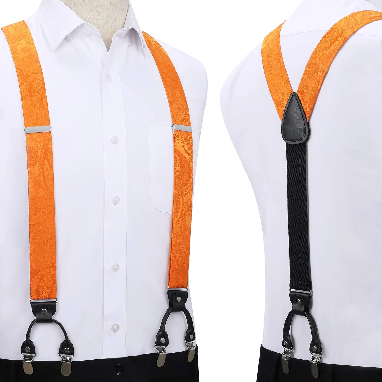 Floral Paisley Suspender Pre-Tied Bow Tie Handkerchief - C4-ORANGE