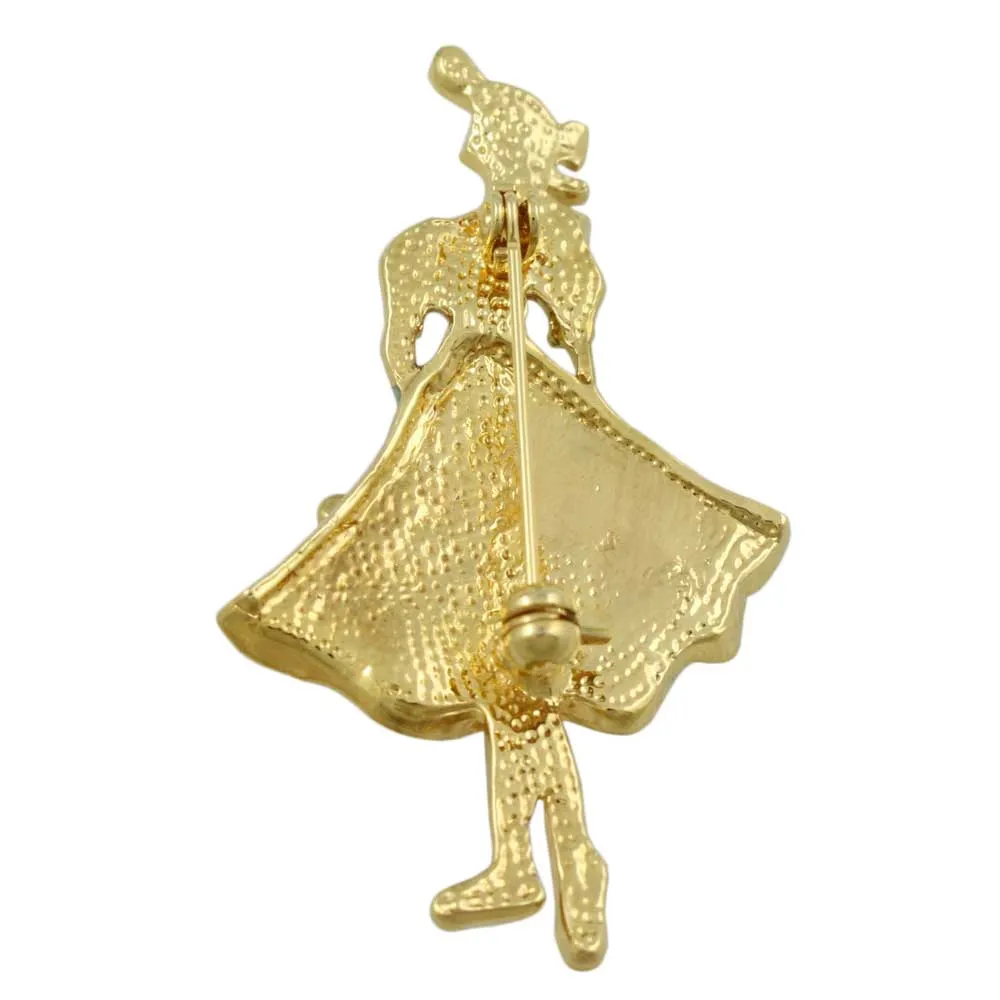 Gold and Enamel Lady with Flower Basket Brooch Pin - PRN326