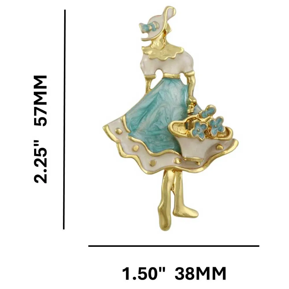 Gold and Enamel Lady with Flower Basket Brooch Pin - PRN326