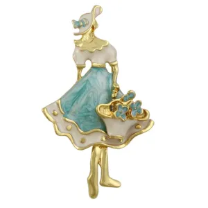 Gold and Enamel Lady with Flower Basket Brooch Pin - PRN326