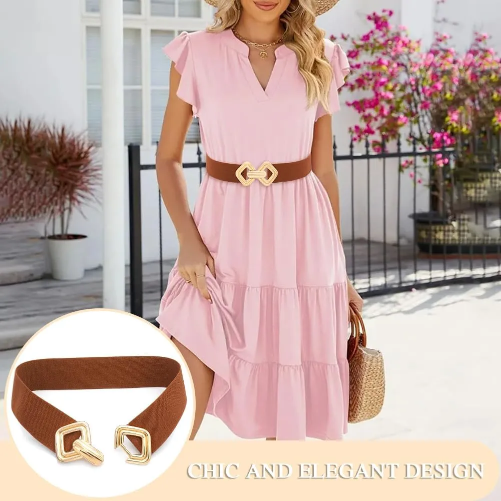 Initlove Women Wide Stretchy Waistband Gold Buckle Elastic Waist Belt for Dresses