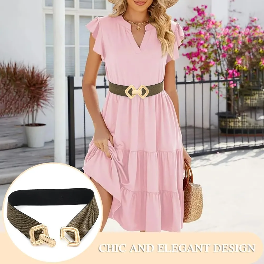 Initlove Women Wide Stretchy Waistband Gold Buckle Elastic Waist Belt for Dresses