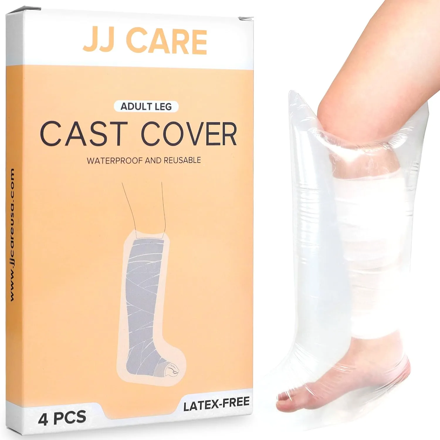 JJ CARE Waterproof Leg Cast Cover [Pack of 4], Leg Shower Protector After Surgery, Reusable Cast Cover for Leg, Adult Leg Cast Protector for Broken Leg, Wounds, and Burns