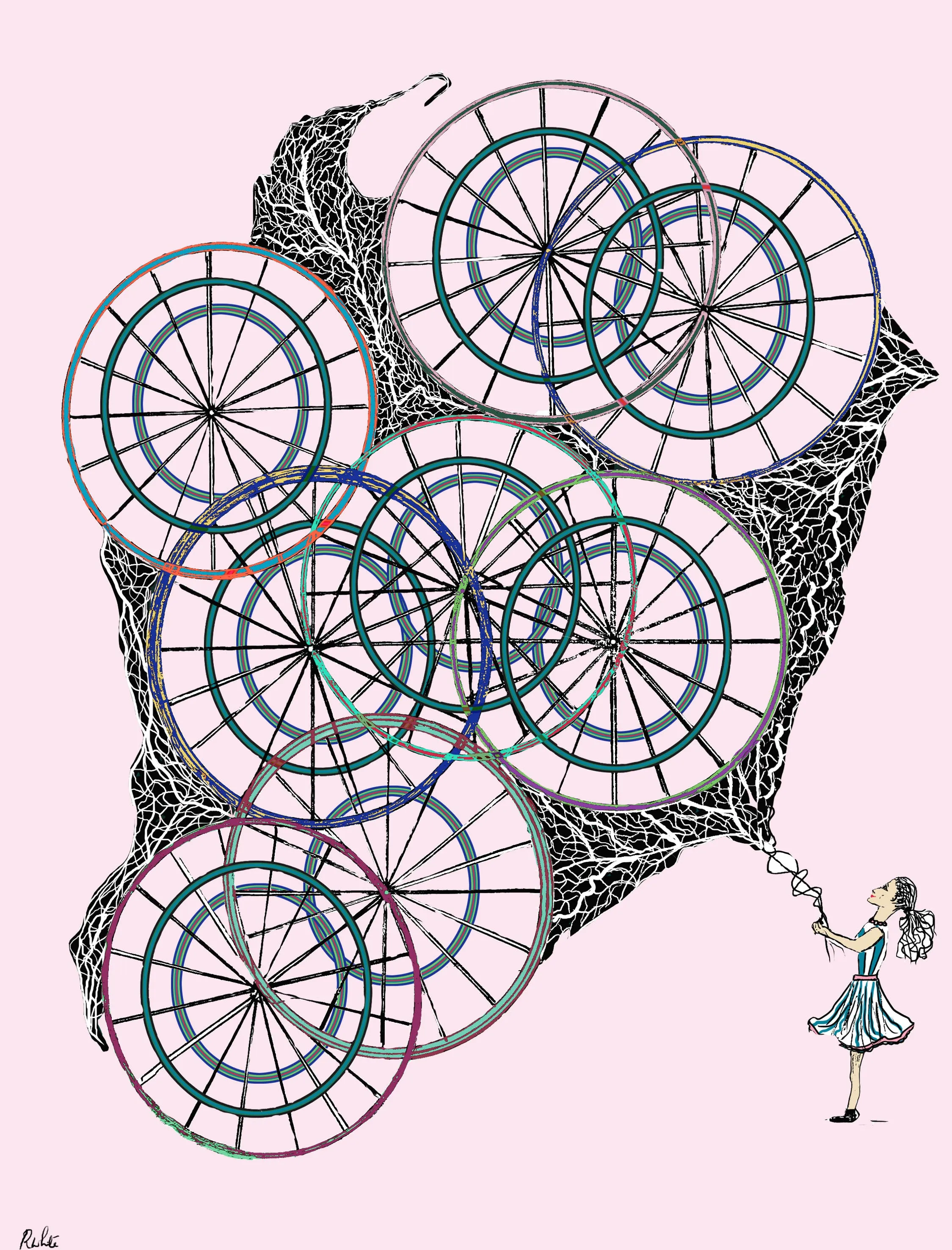 'Juggling Wheels' 100% Silk Twill, Long Rectangular Scarf