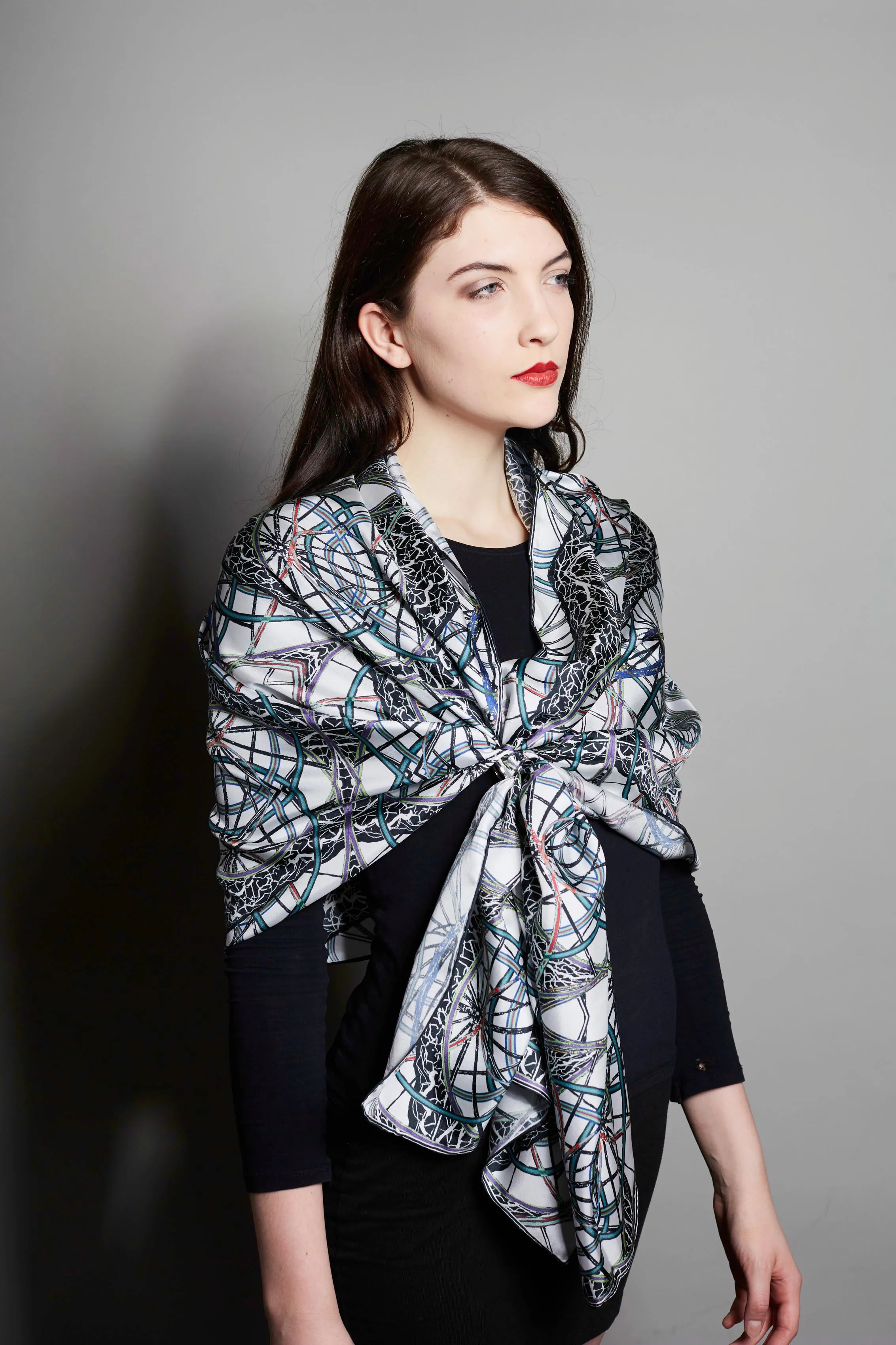 'Juggling Wheels' 100% Silk Twill, Long Rectangular Scarf