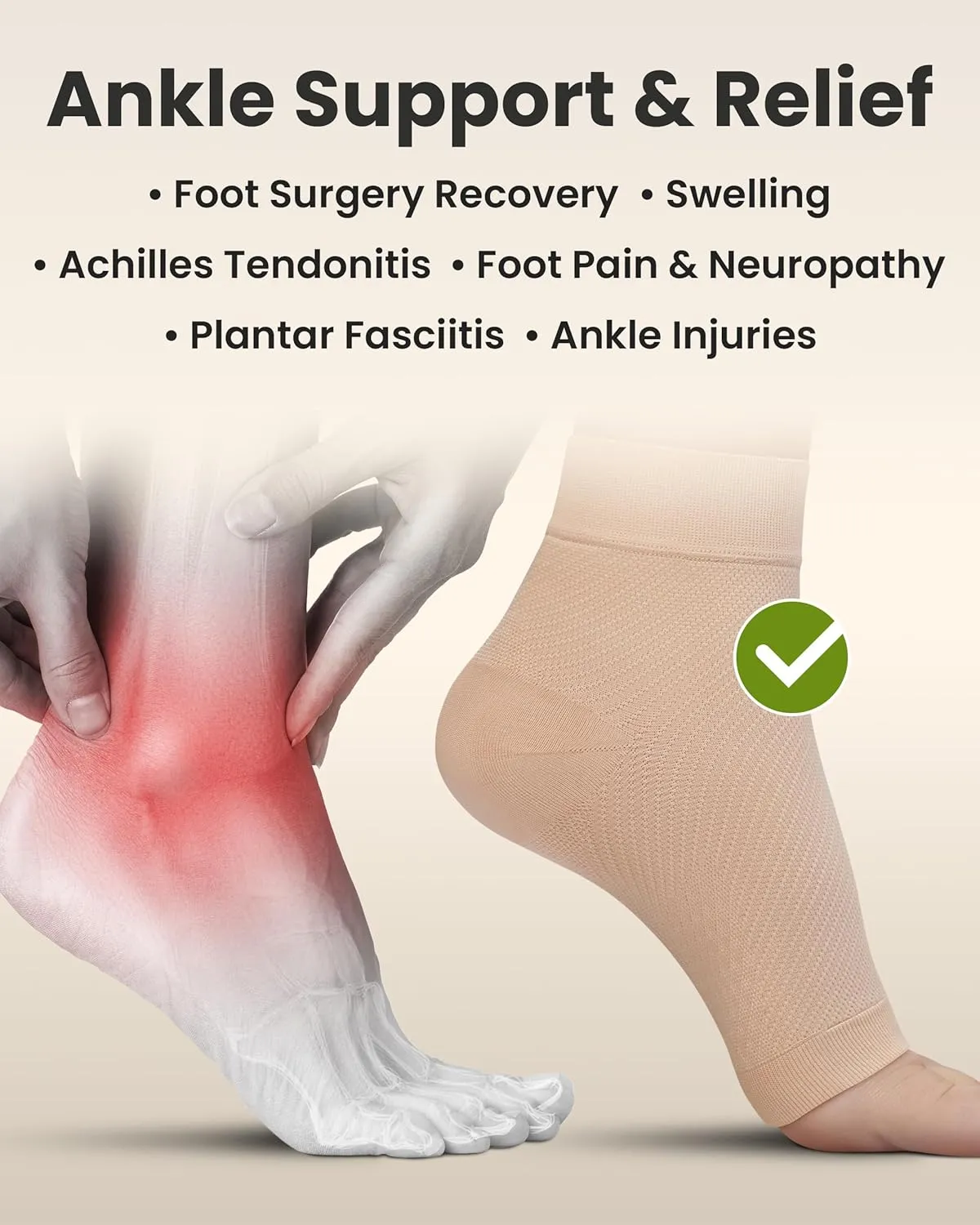 KEMFORD Ankle Compression Sleeve - Plantar Fasciitis Braces - Open Toe Compression Socks for Swelling, Sprain, Neuropathy, Foot Arch Support for Men and Women