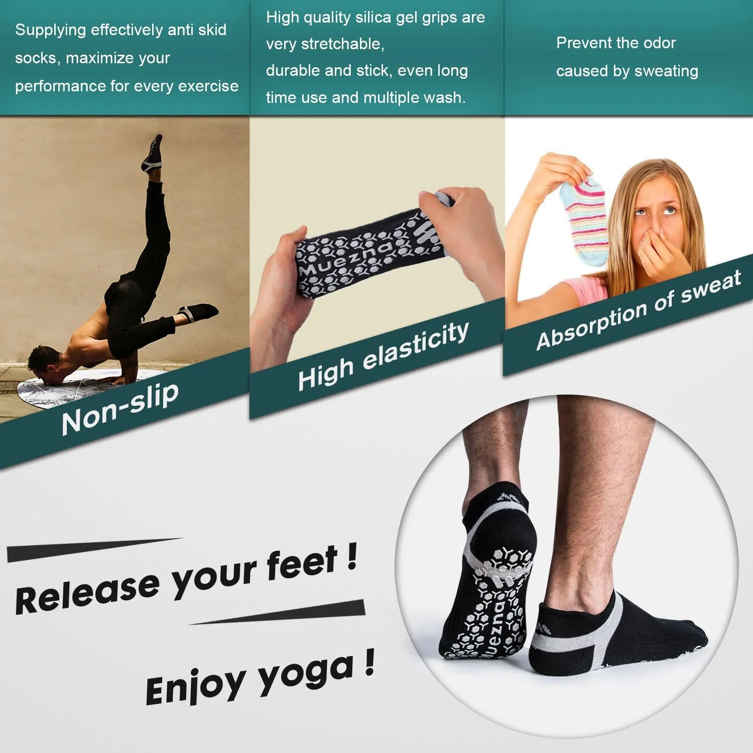 Muezna Men's Non-Slip Yoga Socks, Anti-Skid Pilates, Barre, Bikram Fitness Hospital Slipper Socks with Grips