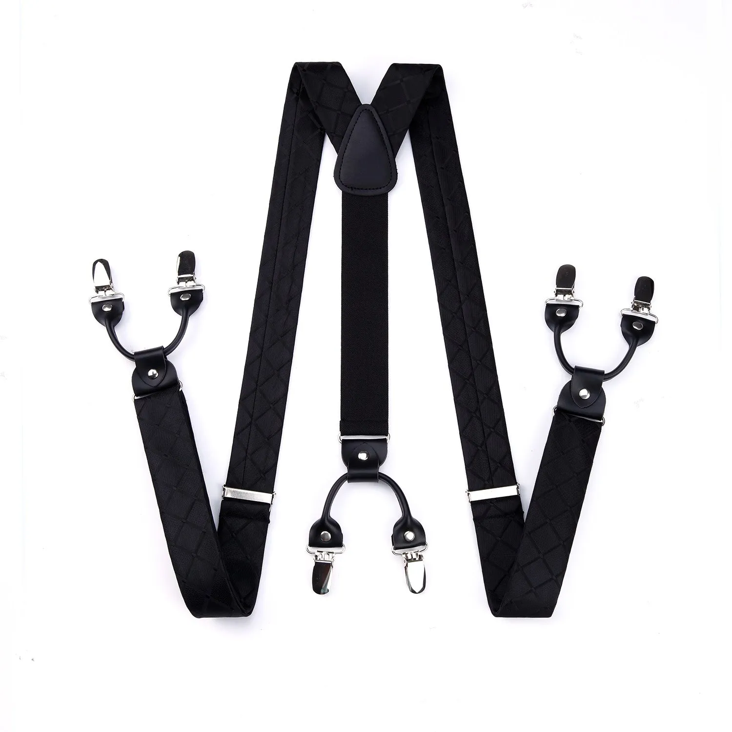 Plaid Suspender Pre-Tied Bow Tie Handkerchief - BLACK
