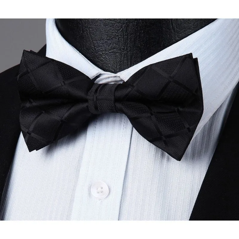 Plaid Suspender Pre-Tied Bow Tie Handkerchief - BLACK