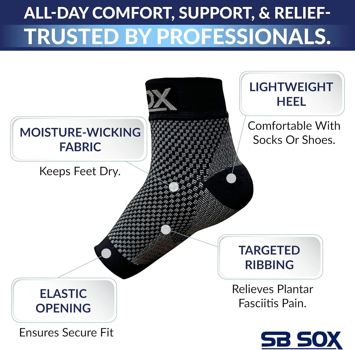 SB SOX Plantar Fasciitis Relief Socks - Night Splint & Foot Brace for Achilles Tendonitis, Heel Pain, and Arch Support  Foot Compression Sleeve for Recovery, Foot Swelling, and Fatigue (Black, Medium)