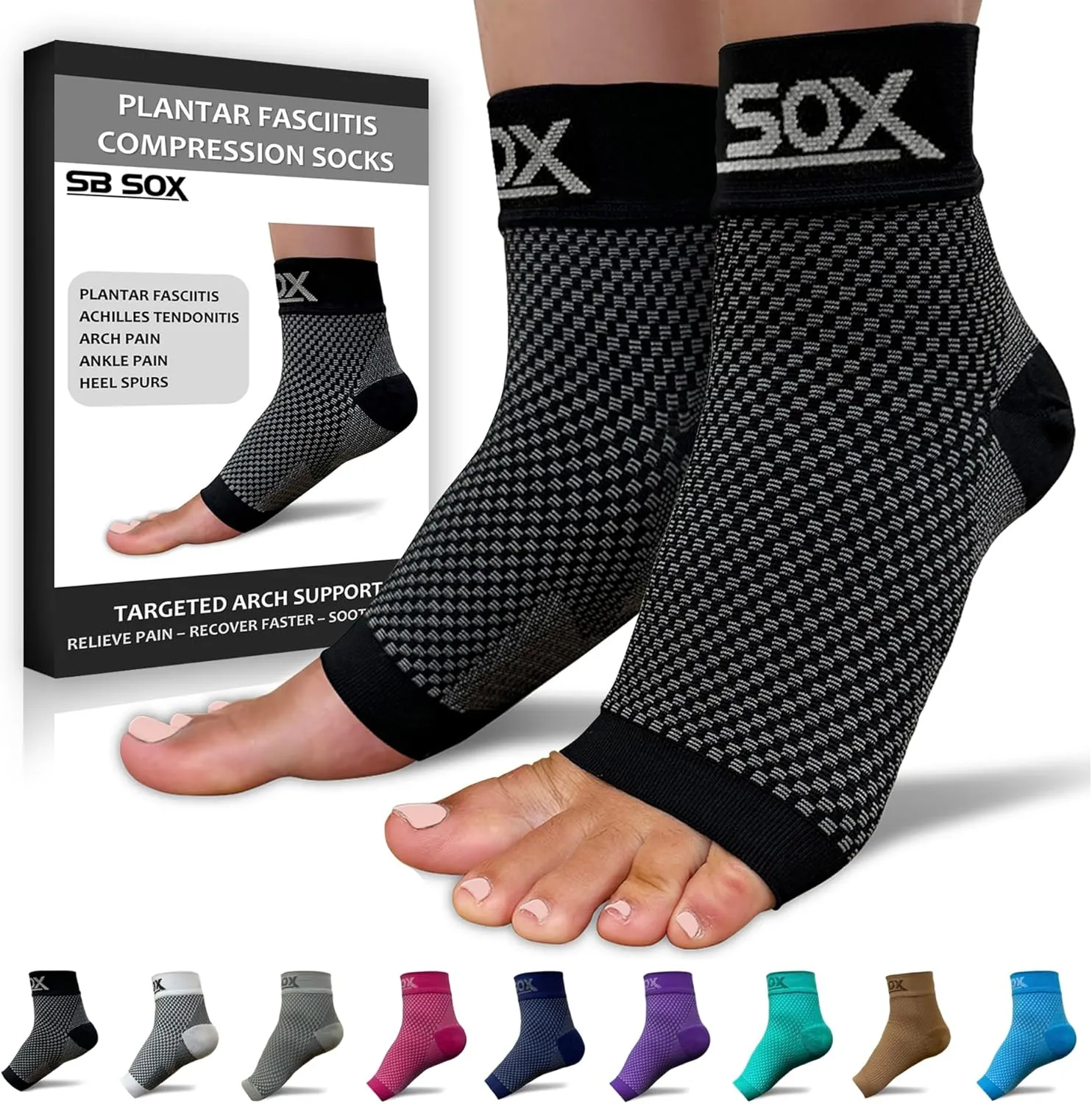 SB SOX Plantar Fasciitis Relief Socks - Night Splint & Foot Brace for Achilles Tendonitis, Heel Pain, and Arch Support  Foot Compression Sleeve for Recovery, Foot Swelling, and Fatigue (Black, Medium)