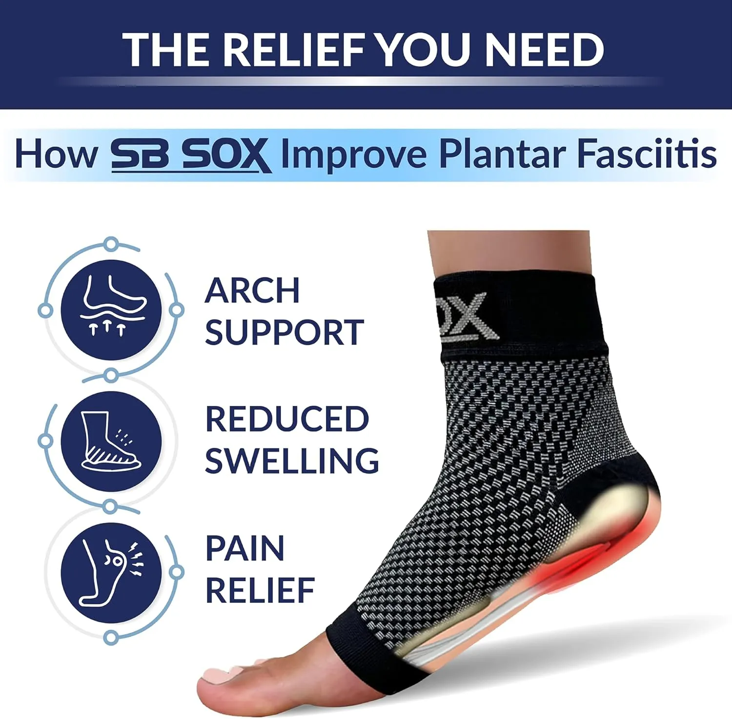 SB SOX Plantar Fasciitis Relief Socks - Night Splint & Foot Brace for Achilles Tendonitis, Heel Pain, and Arch Support  Foot Compression Sleeve for Recovery, Foot Swelling, and Fatigue (Black, Medium)