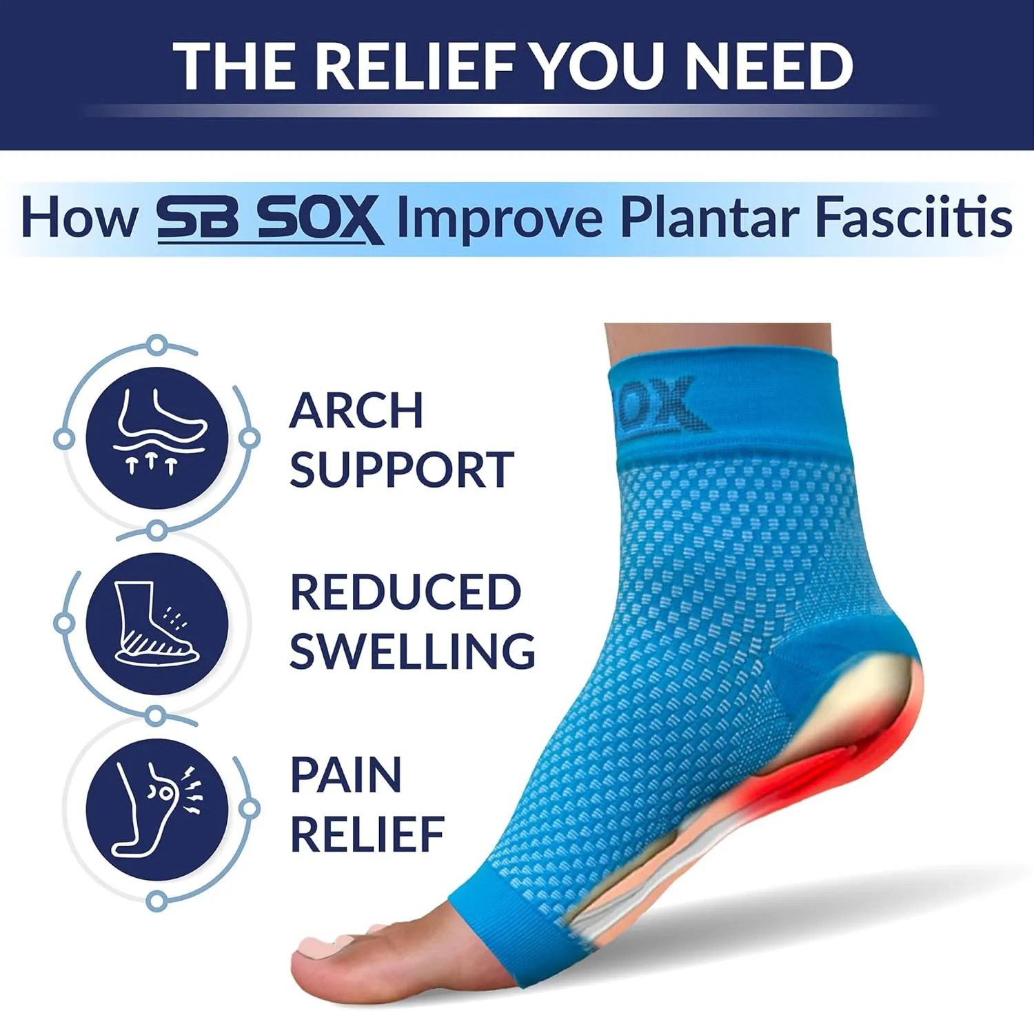 SB SOX Plantar Fasciitis Relief Socks - Night Splint & Foot Brace for Achilles Tendonitis, Heel Pain, and Arch Support  Foot Compression Sleeve for Recovery, Foot Swelling, and Fatigue (Blue, Large)