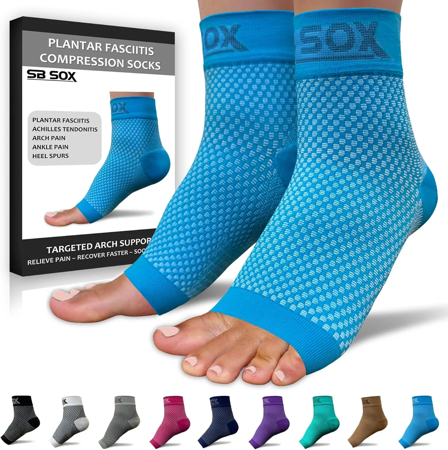 SB SOX Plantar Fasciitis Relief Socks - Night Splint & Foot Brace for Achilles Tendonitis, Heel Pain, and Arch Support  Foot Compression Sleeve for Recovery, Foot Swelling, and Fatigue (Blue, Large)