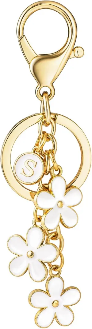 SELOVO Initial Keychain White/Pink Flower Charms for Key Cute Letter Keyring for Handbag Backpack