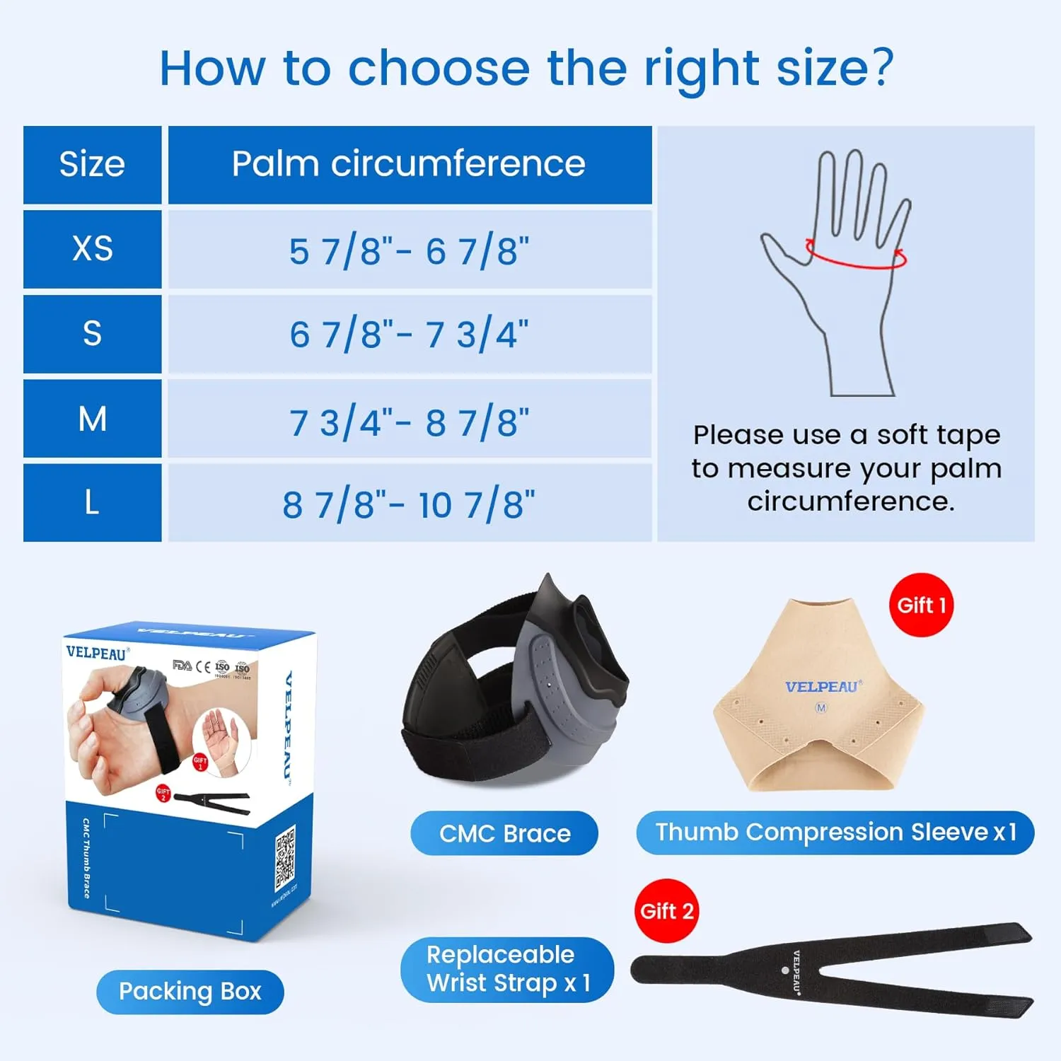 Velpeau CMC Thumb Brace for Arthritis Pain and Support, with High Elasticity and Anti Slip Wrist Strap, Comfortable Thumb Splint Stabilizer for Osteoarthritis for Women and Men (Grey, Right Hand, XS)