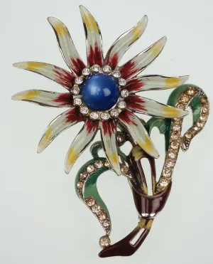 Vintage 1940s Enamel Flower Brooch w Rhinestones Unsigned Coro Design